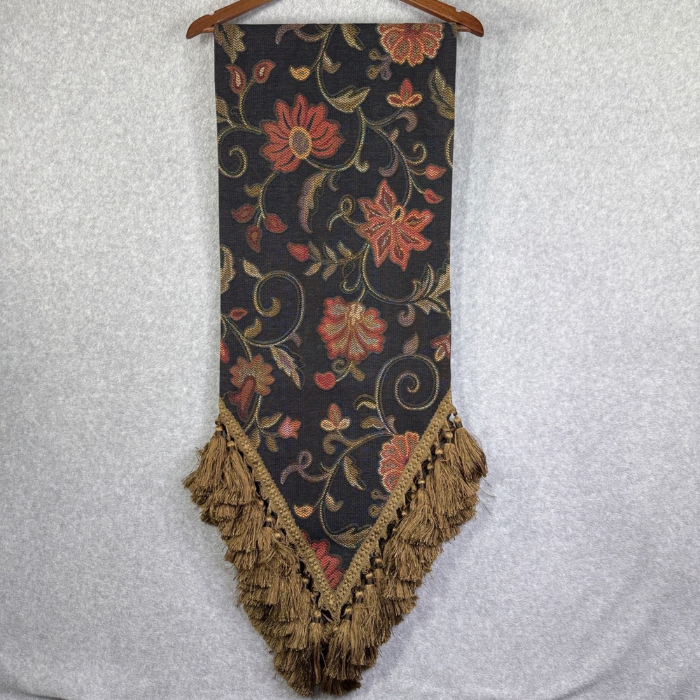 Table Runner 72"x13" Black Tapestry Floral Tassel Fringe Fall Winter